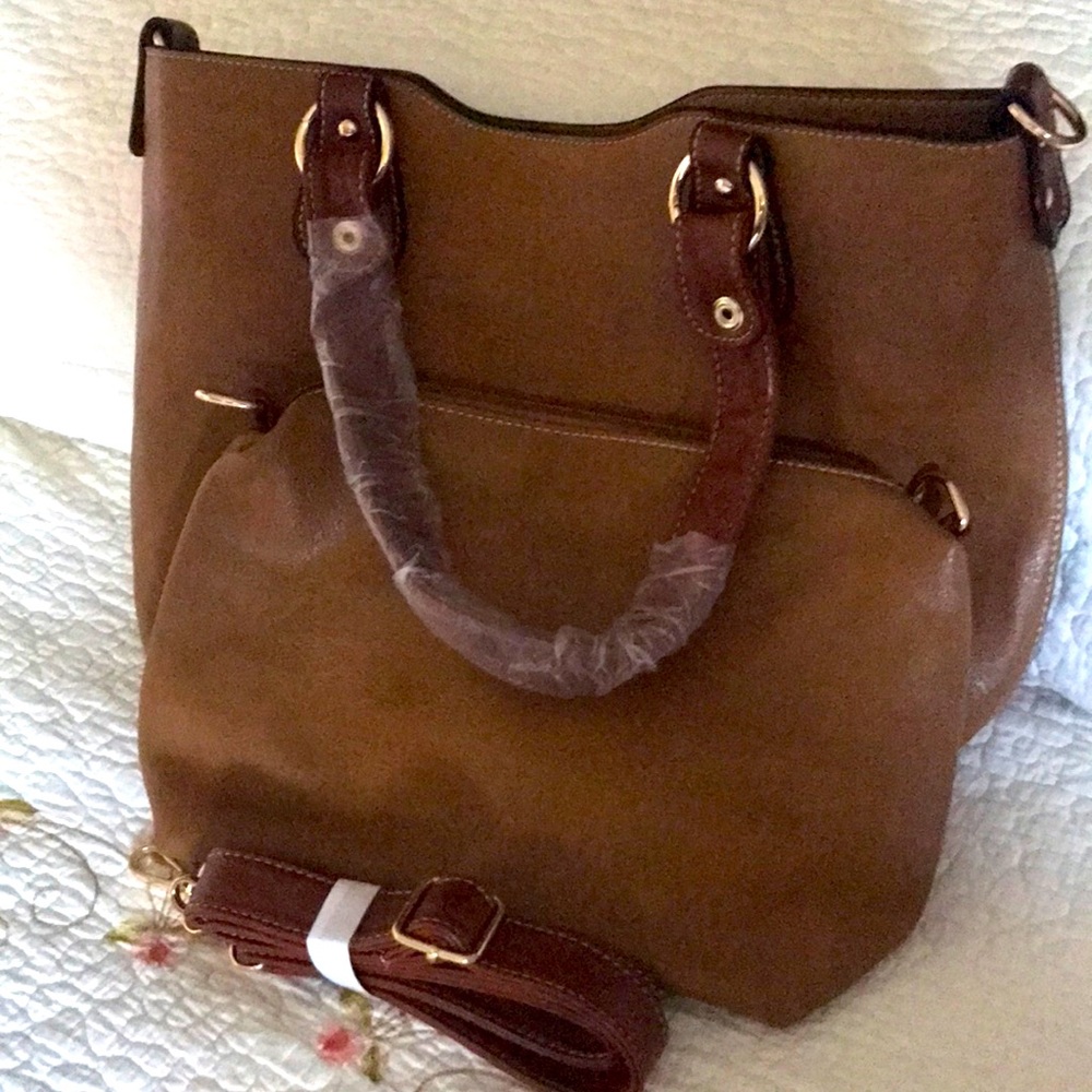Set of stylish brown bag and pocketbook